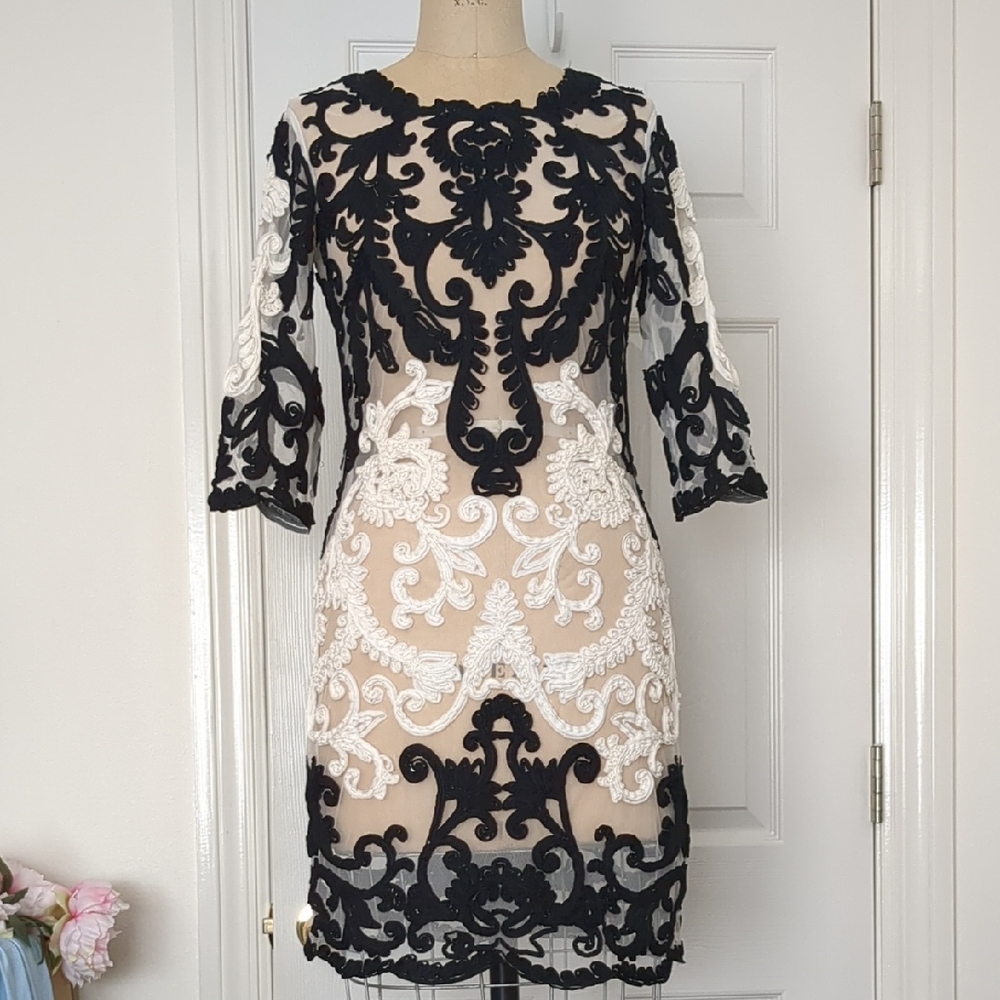 Yoana Baraschi Black and Nude Embroidered Lace Mini Dress
